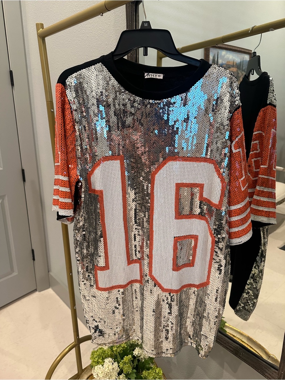 Sequin Jersey Dress with Orange Sleeve Detail - Unbranded